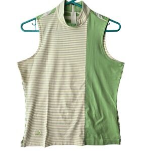Adidas ClimaCool Womens Sleeveless Golf Top Green White Striped Mock Neck Small
